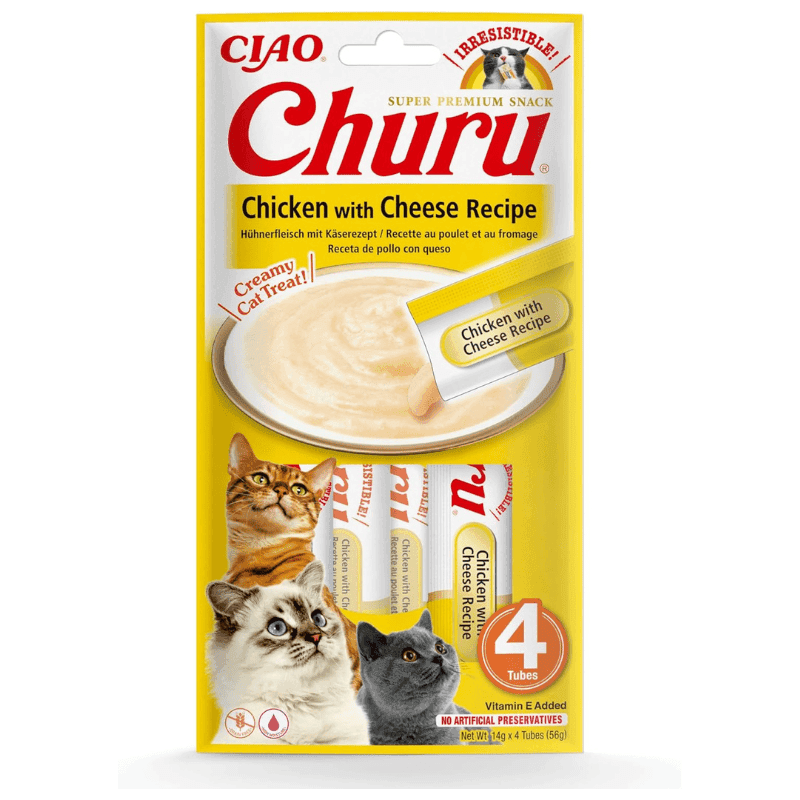 INABA Ciao Churu Creamy Sticks Chicken & Cheese Recipe 4x14 g | Recompense Cremoase fara Cereale pentru Pisici | cu Pui si Branza | Sanatoase, Delicioase si cu Calorii Putine