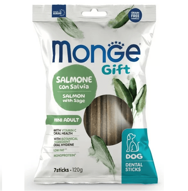 MONGE Gift Mini Adult Dental Sticks, cu Somon si Salvie, Recompense Caini Pentru Igiena Orala, 120g