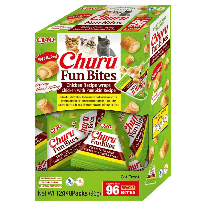INABA Churu Fun Bites Chicken wraps Chicken & Pumpkin 8x12 g | Recompense pentru Pisici cu Pui si Dovleac | Exterior Fraged si Umplutura Cremoasa