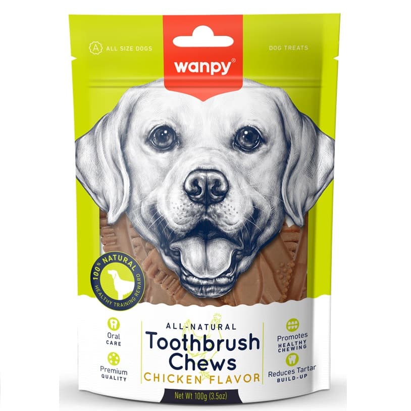 WANPY All Natural Toothbrush Chews cu Pui, 100 g - Recompense Naturale pentru Igiena Orala si Respiratie Proaspata la Caini