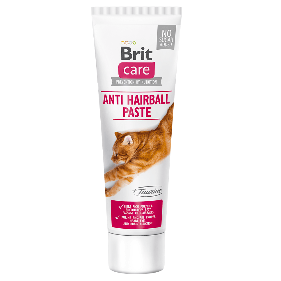 BRIT CARE Anti Hairball Paste, cu Taurina, Recompensa Functionala Pisici, Prevenirea Formarii Ghemelor de Blana in Intestin, Pasta, 100g
