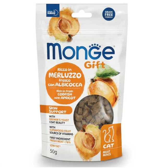 MONGE Gift Cat Skin Support, cu Cod si Caise, Recompense Pisici Pentru o Piele Sanatoasa si Blana Stralucitoare, 50g