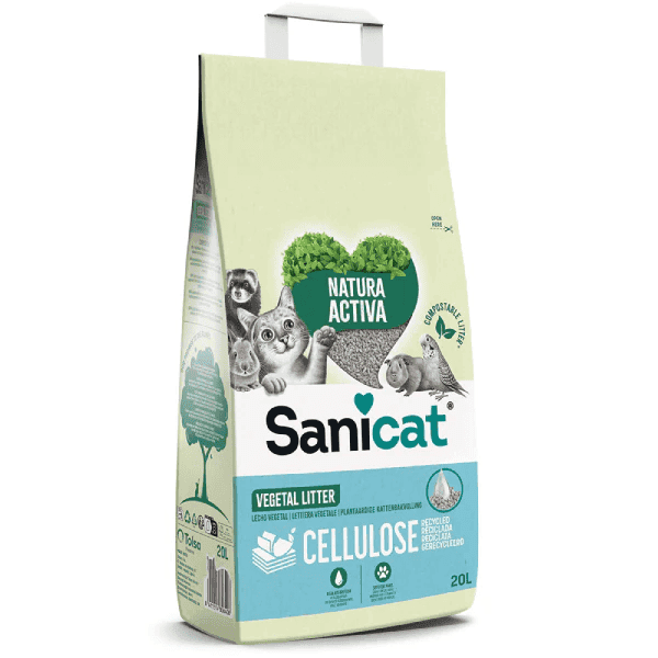 SANICAT Asternut din Celuloza pentru Litiera Pisicii 20 L | Absorbtie pana la 500%, Control Eficient al Mirosurilor, Fara Praf
