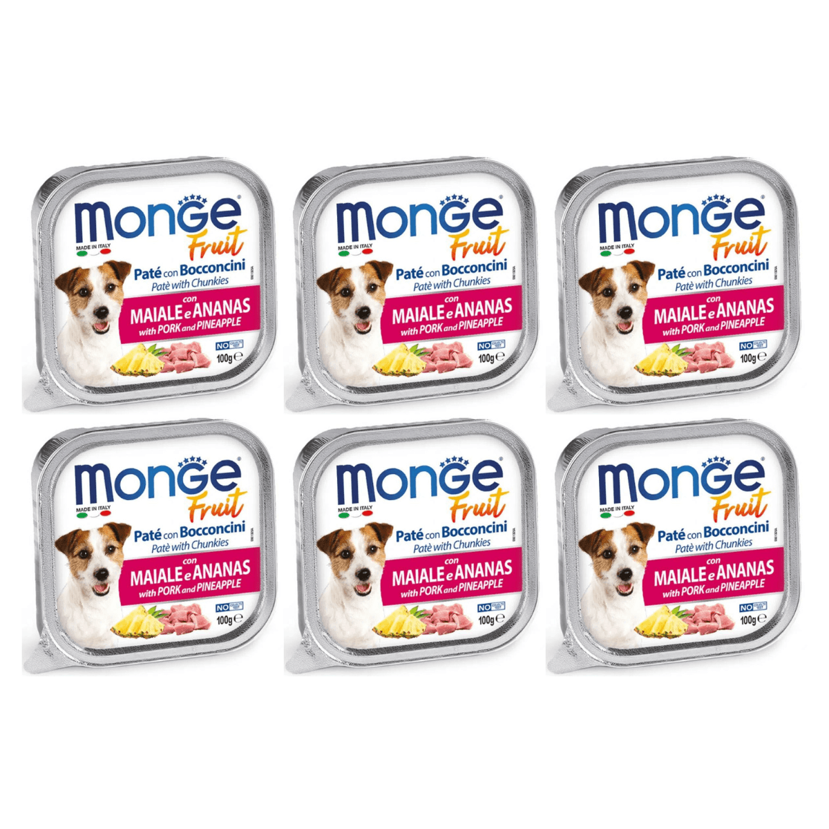 MONGE Dog Fruit, cu Porc si Ananas, Set Conserve Hrana Umeda Fara Cereale Pentru Caini 6x100g