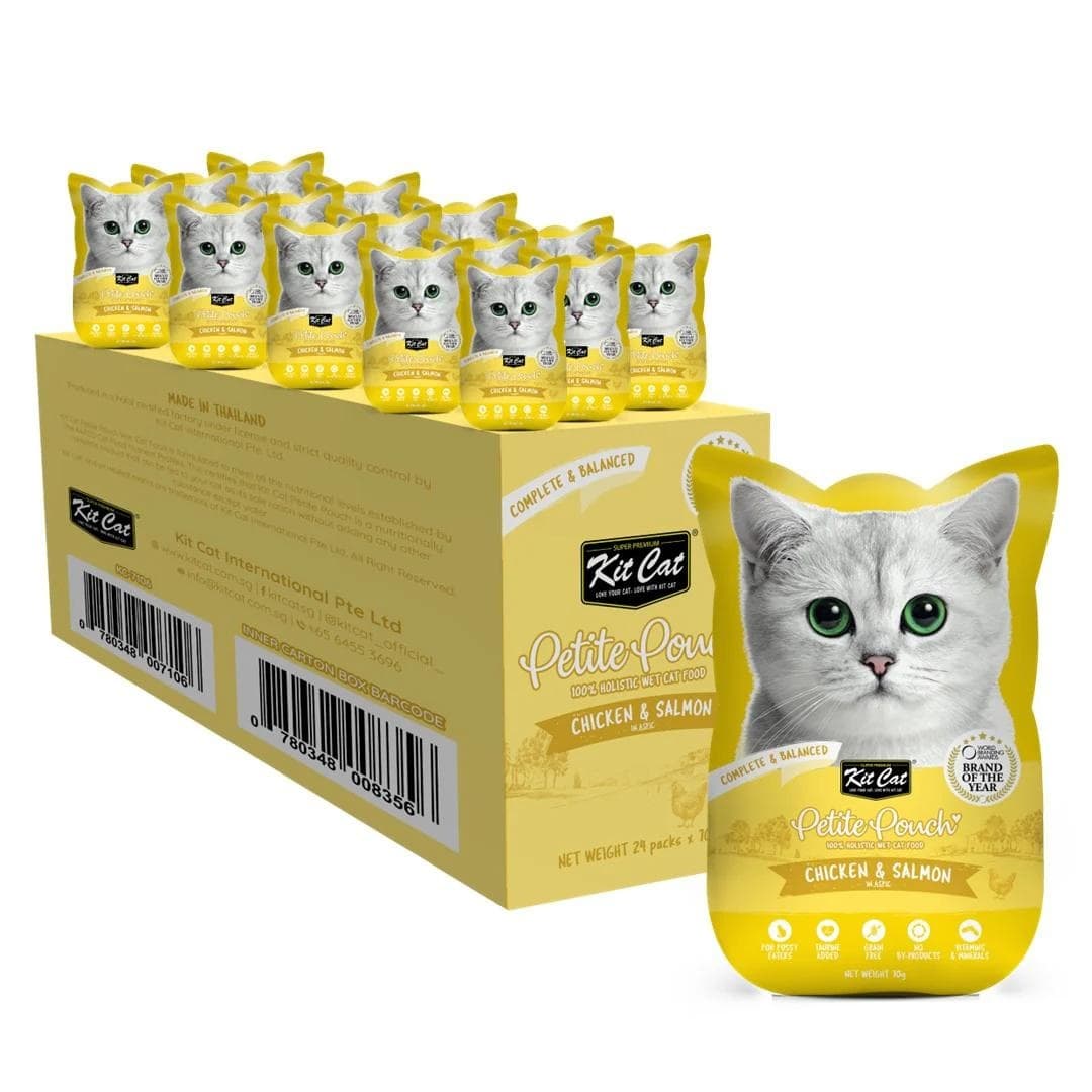 KIT CAT Petit Pouch, Bax Plicuri Hrana Umeda Pentru Pisici, Pui si Somon in Aspic, 24x70g
