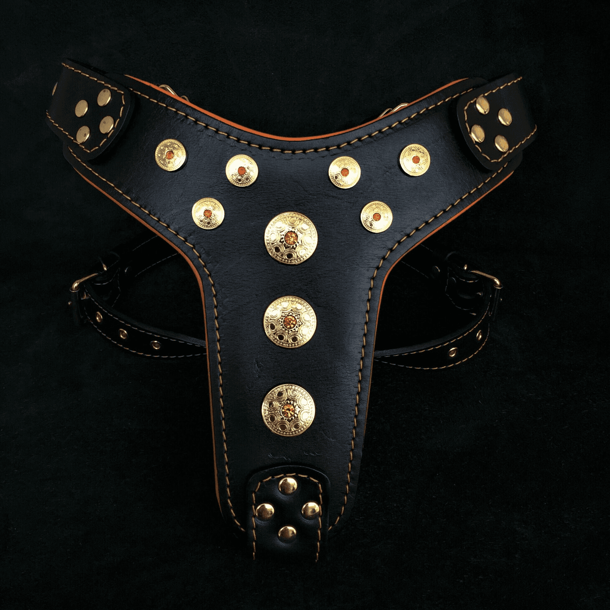 BESTIA DOG GEAR "Bijou" Negru / Portocaliu, Ham din Piele Pentru Caini, Marime M 50-75cm