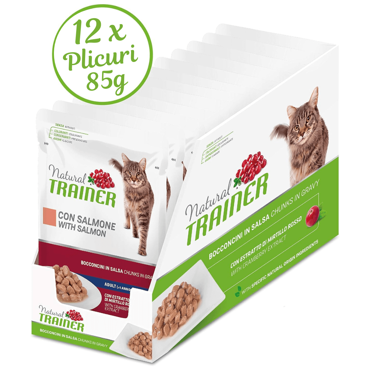 NATURAL TRAINER Cat, cu Somon, Set Plicuri Hrana Umeda Pentru Pisici Adulte, 12x85g