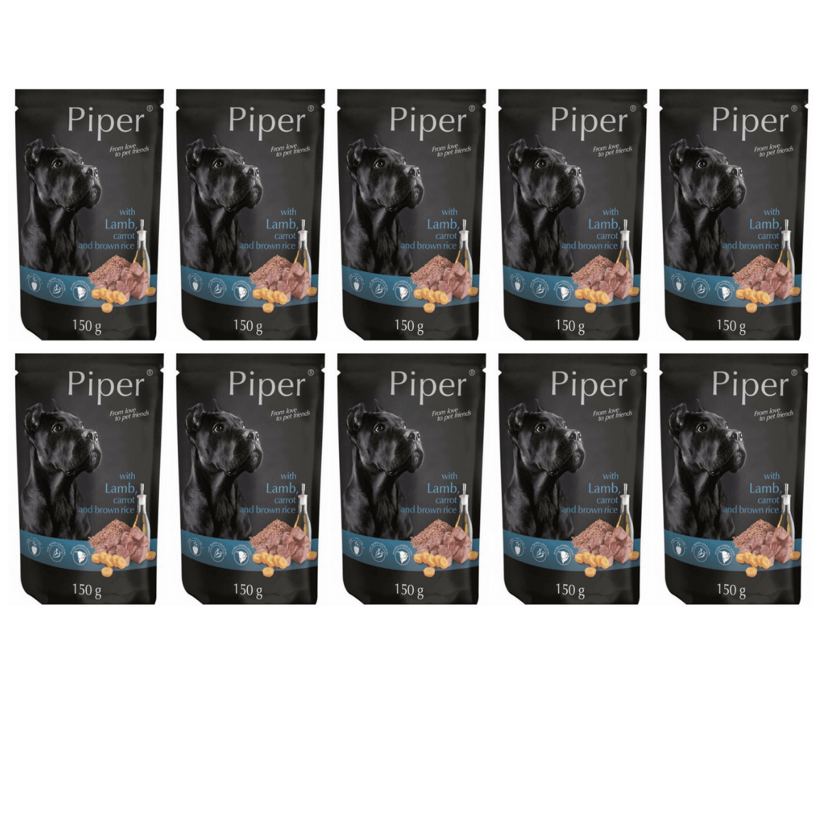 PIPER Dog Adult, cu Miel, Morcovi si Orez Brun, Set Plicuri Hrana Umeda Pentru Caini 10x150g