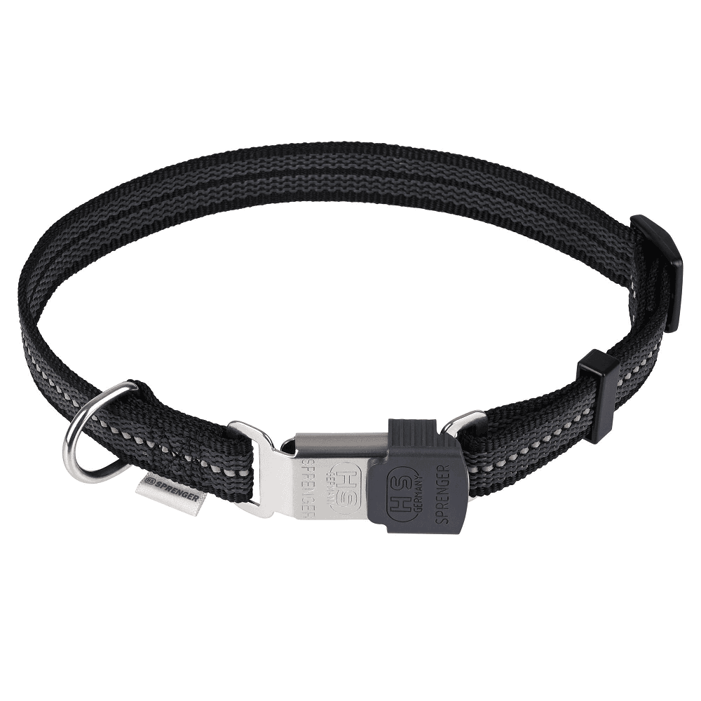 HERM. SPRENGER Zgarda Caine, Reflectorizanta, Nylon Negru, Catarama ClickLock cu Eliberare Rapida, Marime 40-55cm