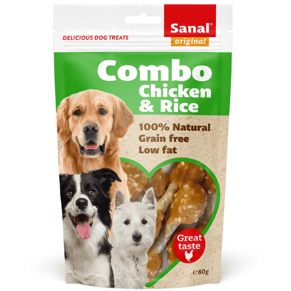 Sanal Dog Combo Chicken & Rice Doypack 80 g | Recompensa Naturala fara Cereale pentru Caini Adulti, cu Pui si Orez | Low Fat, Punga Resigilabila