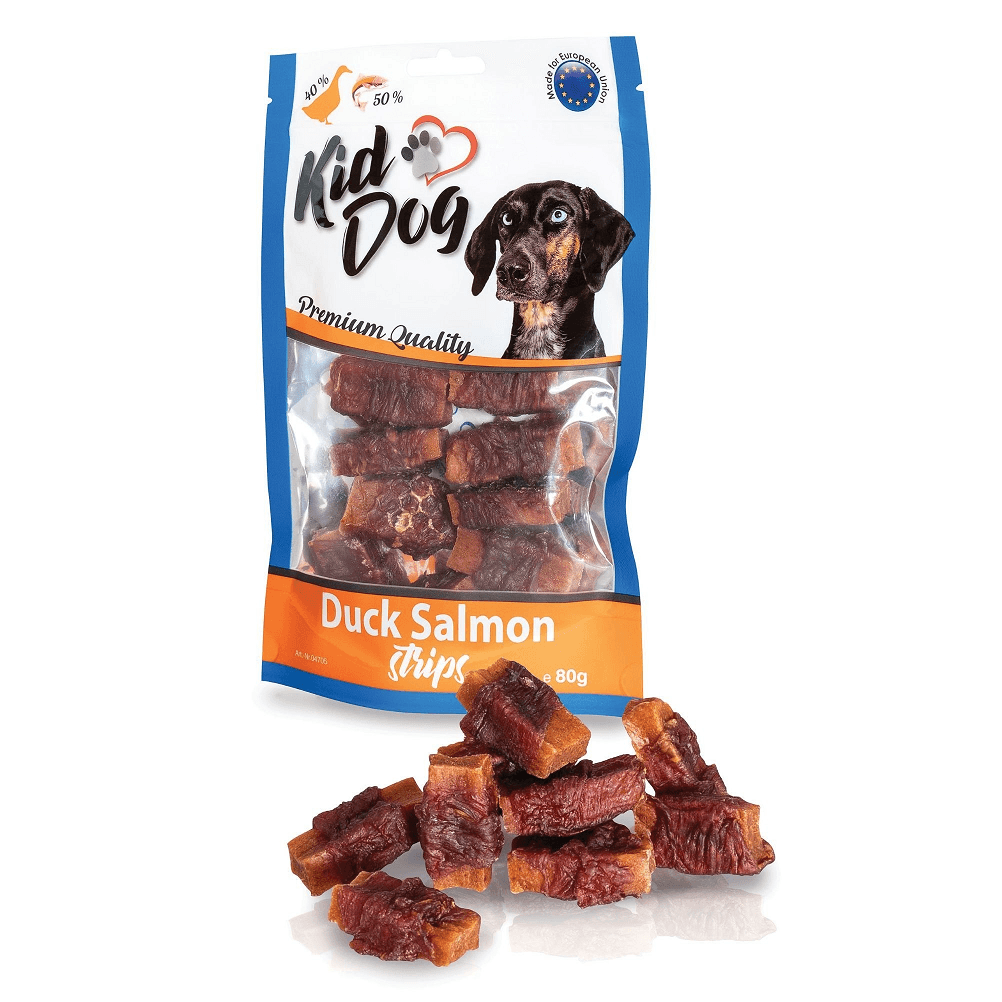 KIDDOG Fâșii de Somon cu Rață pentru Câini, 80 g