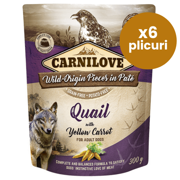 CARNILOVE Dog Pouch Pate Prepeliță cu Morcov Galben Set 6x300 g
