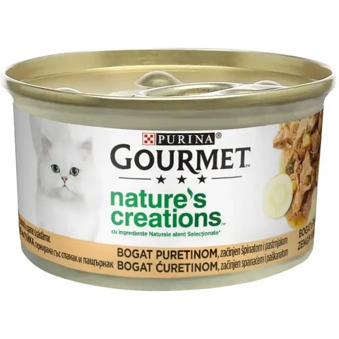 PURINA Gourmet Nature's Creations, Curcan cu Pastarnac si Spanac, Conserva Hrana Umeda Pentru Pisici, 85g