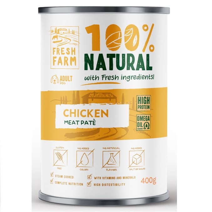 FRESH FARM Smooth Pate cu Pui si Mazare, 400 g - Hrana Umeda Fara Gluten pentru Caini, Reteta Gatita la Aburi cu Textura de Pate Fin