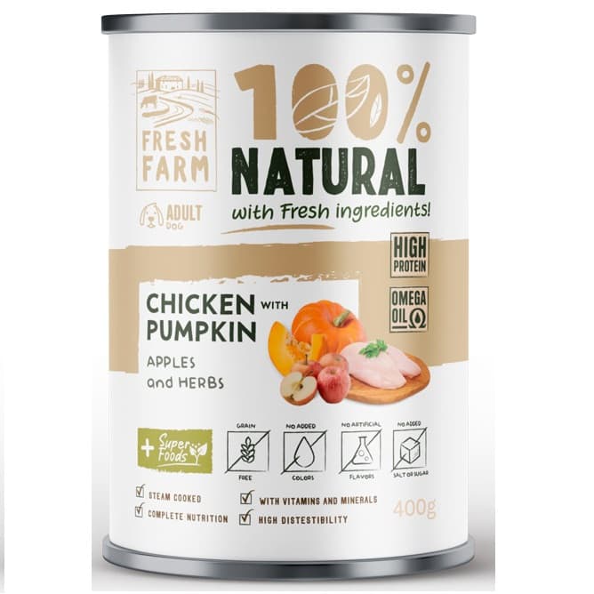 FRESH FARM Coarse Pate cu Pui, Dovlecei si Mere, 400 g - Hrana Umeda Fara Cereale pentru Caini, Reteta Gatita la Aburi cu Textura de Pate Grosier