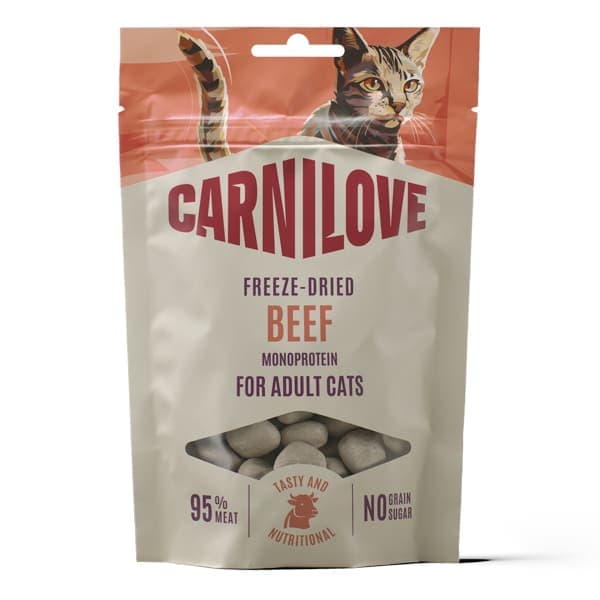 CARNILOVE Cat Beef Freeze-Dried Snack 40 g | Recompense Liofilizate Monoproteice cu 95% Carne de Vită pentru Pisici Adulte