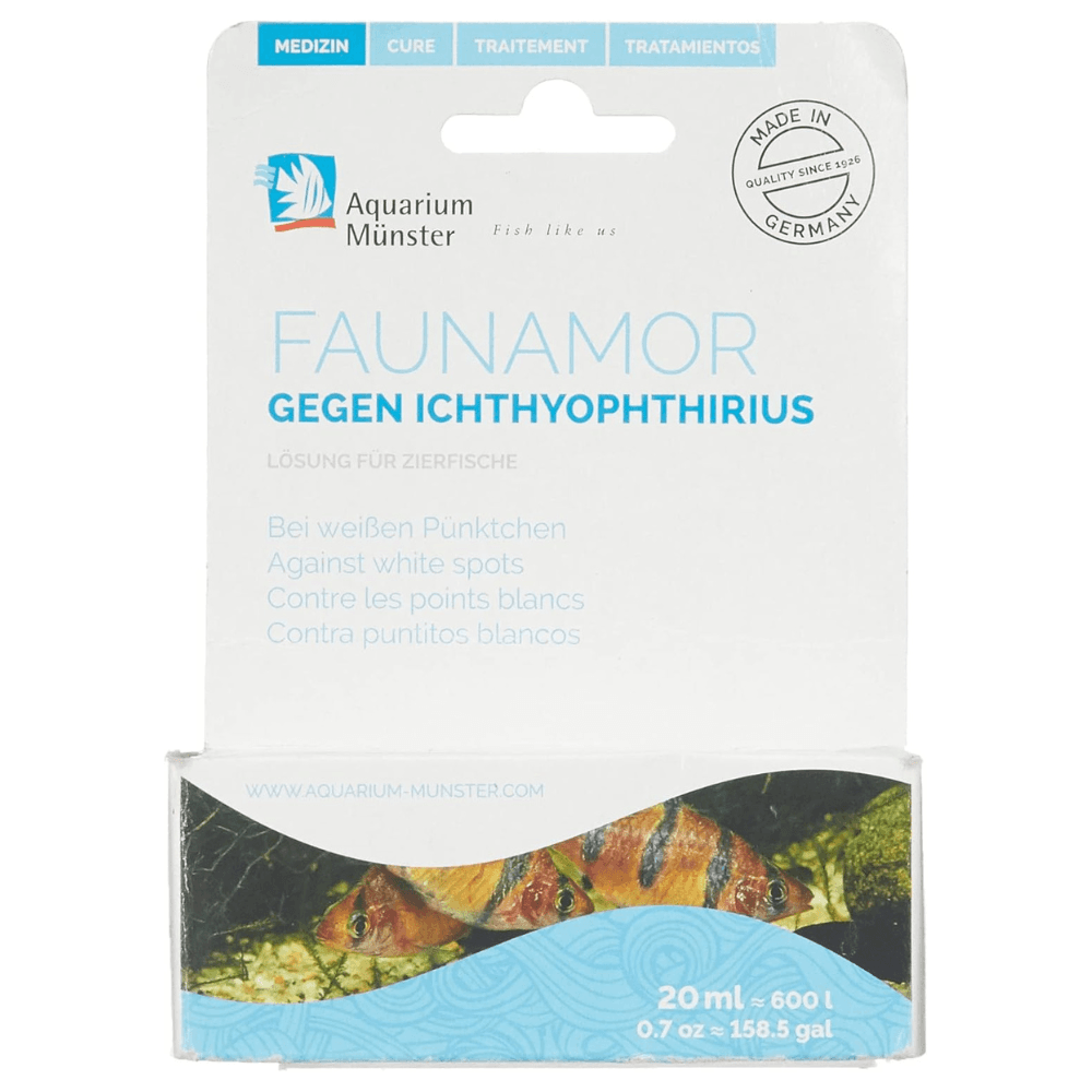 Aquarium Munster FAUNAMOR 20 ml, Fresh – Tratament pentru Ichthyophthirius („Boala Punctelor Albe”) și Infecții Bacteriene la Pești de Acvariu
