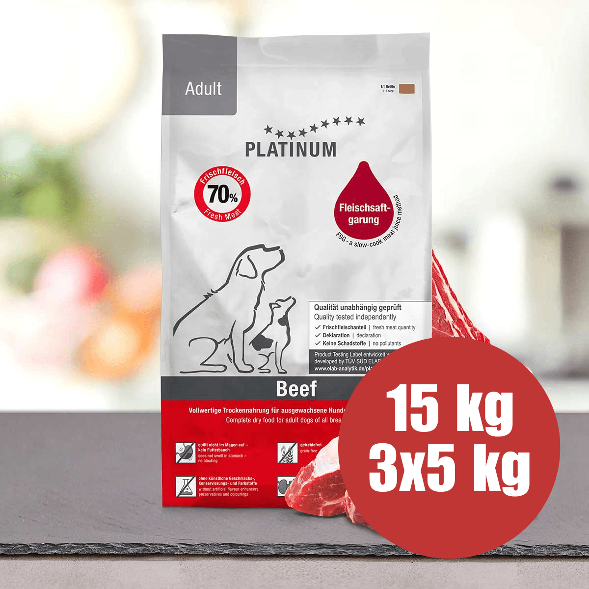 PLATINUM Natural Pet Food & Care Adult, cu Vita, Hrana Uscata Caini, 15kg