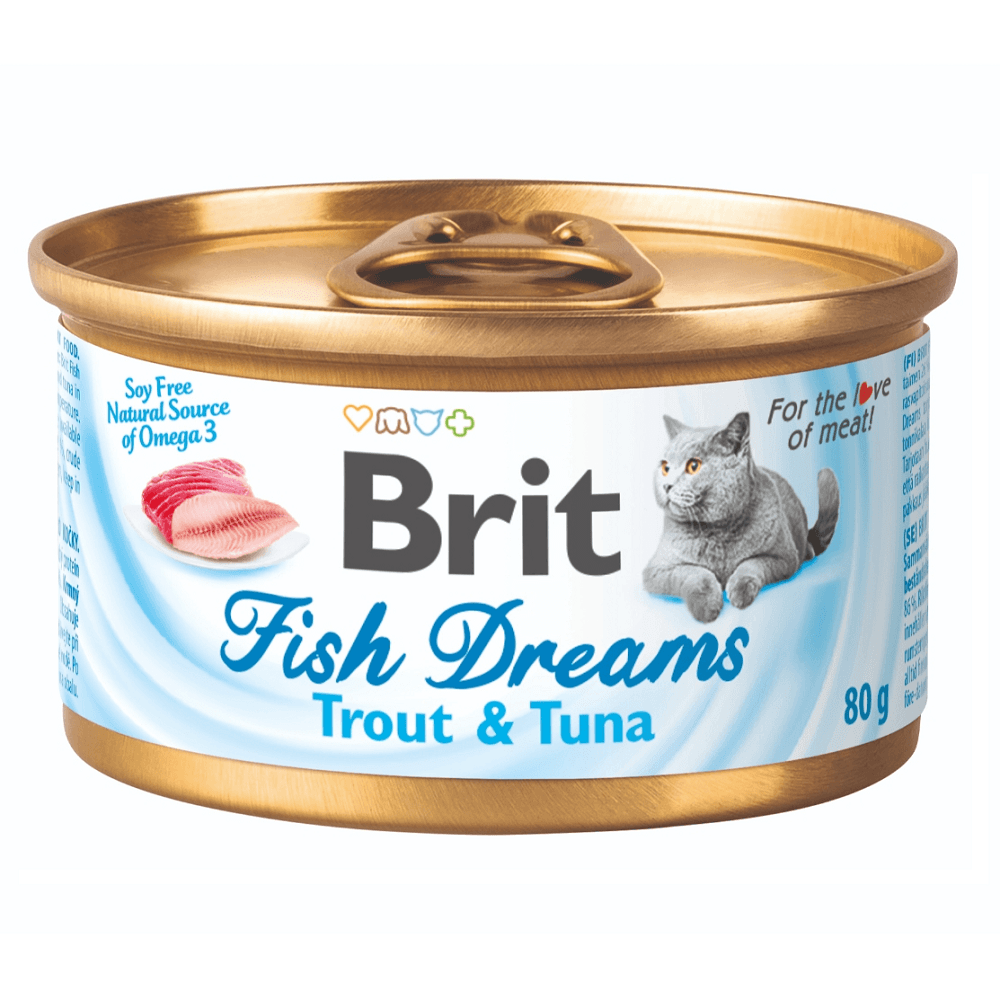 BRIT FISH DREAMS, Pastrav si Ton, Conserva Hrana Umeda Pisici (carne in suc propriu) 80g