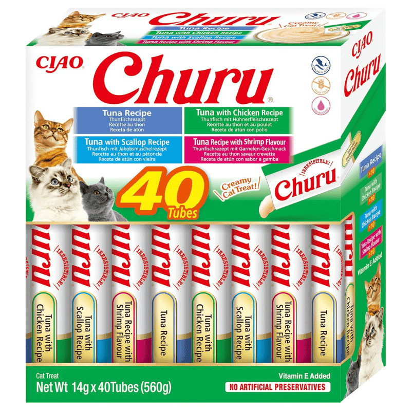 INABA Ciao Churu Creamy Sticks Tuna & Seafood Variety 40x14 g | Recompense Cremoase fara Cereale pentru Pisici | cu Ton, Fructe de Mare si Pui | Sanatoase, Hranitoare si cu Calorii Putine
