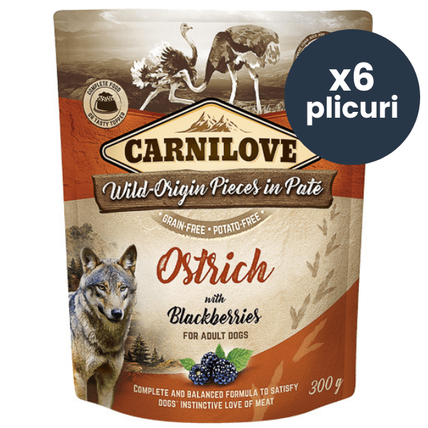 CARNILOVE Dog Pouch Pate Struț cu Mure Set 6x300 g
