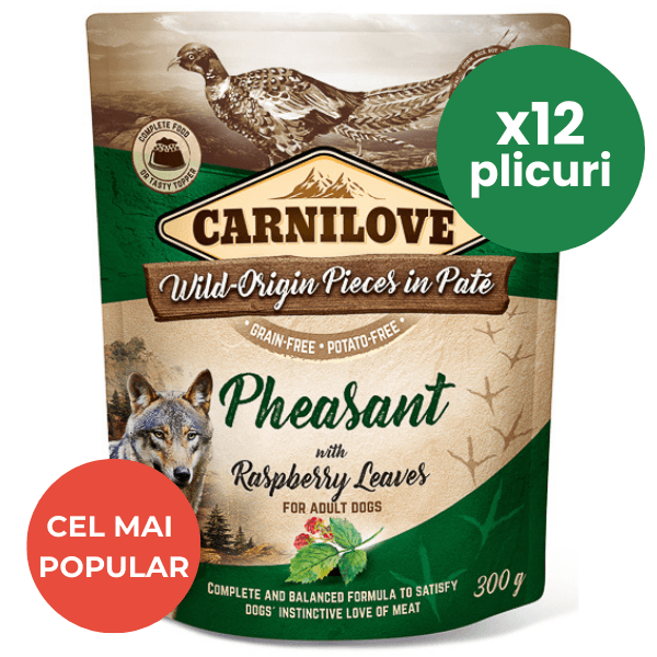CARNILOVE Dog Pouch Pate Fazan cu Frunze de Zmeur Set 12x300 g