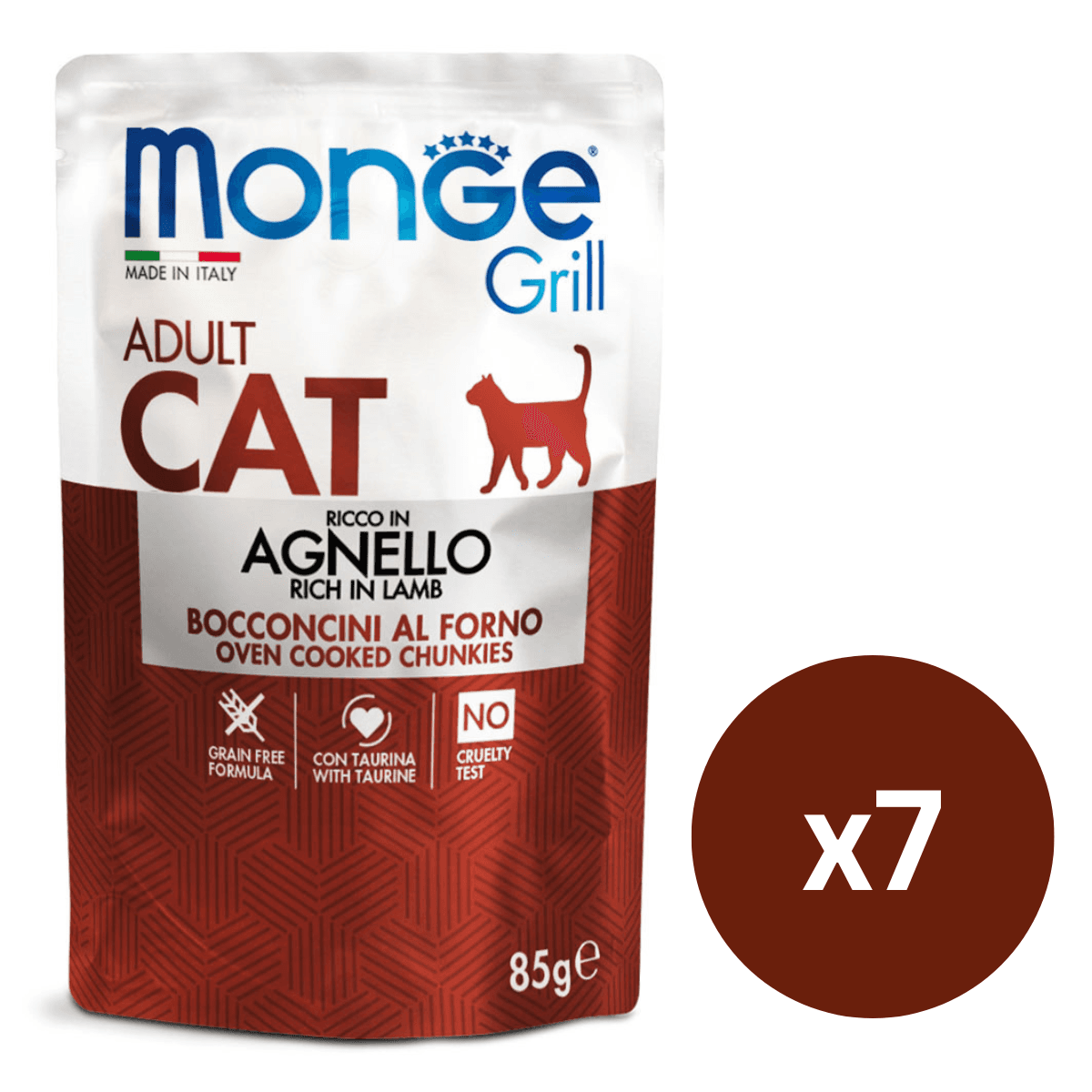 MONGE Grill Adult Cat, cu Miel, Set Plicuri Hrana Umeda Fara Cereale Pentru Pisici (bucatele carne in aspic), 7x85g