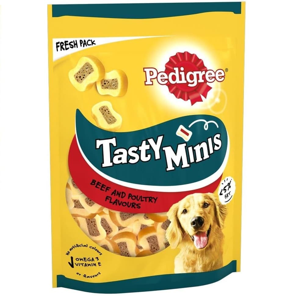 PEDIGREE Tasty Minis Bites, Recompense Moi Pentru Caini, Felii cu Carne de Vita si Pasare, 155g