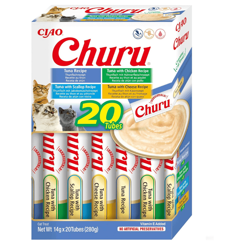 INABA Ciao Churu Creamy Sticks Tuna Variety Box 20x14 g | Recompense Cremoase fara Cereale pentru Pisici | cu Ton, Scoici, Pui si Branza | Sanatoase, Hidratante si cu Calorii Putine