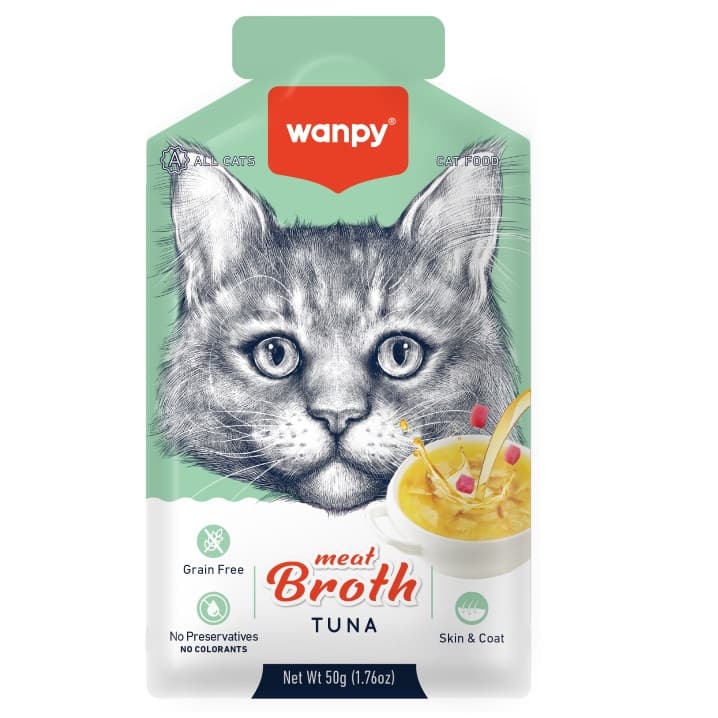 WANPY Meat Broth 50 g – Supă Fără Cereale cu Ton pentru Pisici, cu Taurină și Ulei de Somon