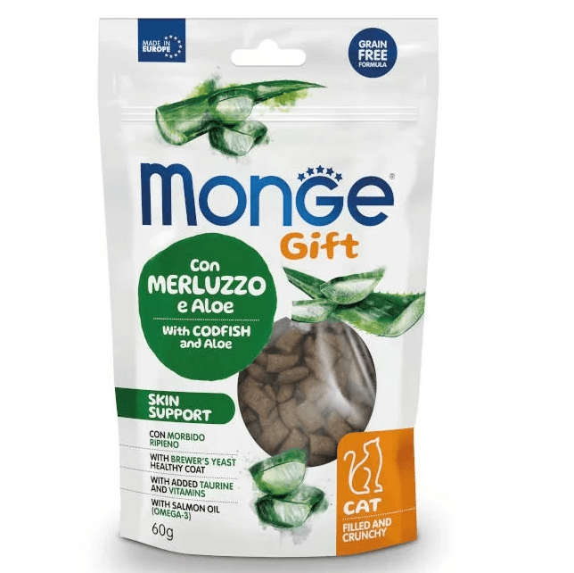 MONGE Gift Cat Skin Support, cu Cod si Aloe Vera, Recompense Pisici Pentru o Piele Sanatoasa si Blana Stralucitoare, 60g