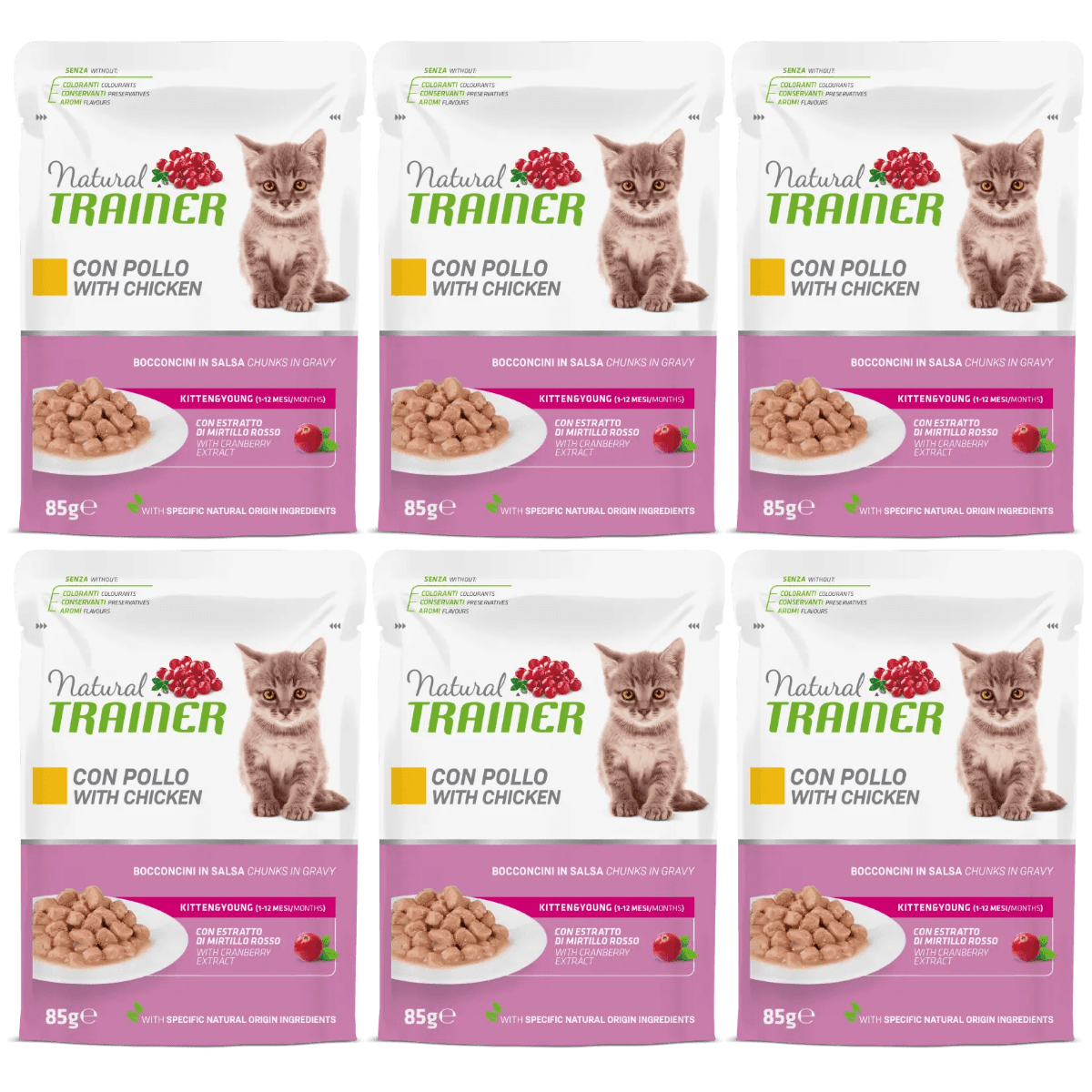 NATURAL TRAINER Kitten & Young, cu Pui, Set Plicuri Hrana Umeda Pentru Pui de Pisica, 6x85g