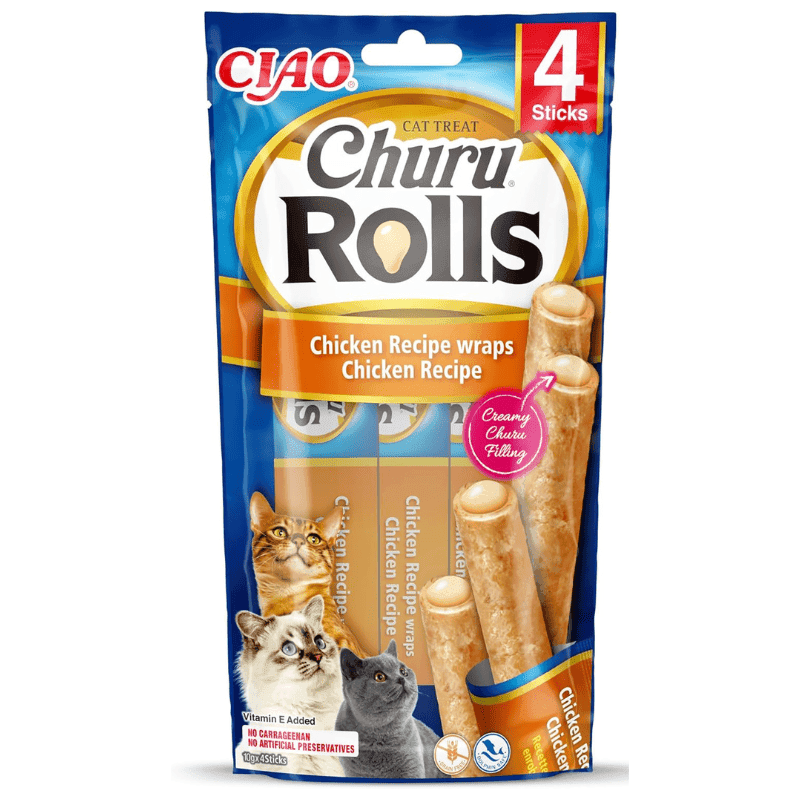INABA Ciao Churu Rolls Chicken Recipe 4x10 g | Recompense fara Cereale pentru Pisici | cu Pui | Betisoare cu Textura Moale si Umplutura Cremoasa