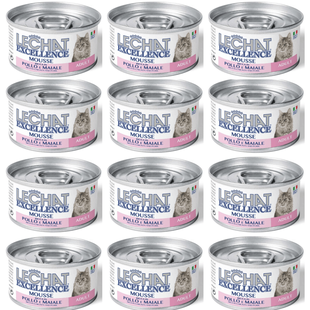 LeChat Excellence Mousse Adult, cu Pui și Porc - Set Conserve Hrana Umeda pentru Pisici Adulte, (mousse delicat), 12x85 g