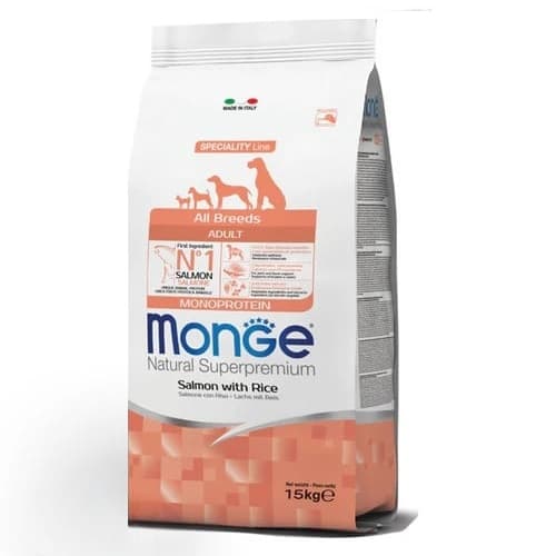 MONGE NATURAL Puppy & Junior All Breeds, Somon si Orez, Hrana Uscata Monoproteica Caine Junior, Digestie Optima