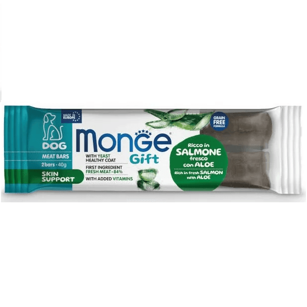MONGE Gift Skin Support, cu Somon si Aloe Vera, Recompense Caini Pentru o Piele Sanatoasa si Blana Stralucitoare, 2 Batoane, 40g