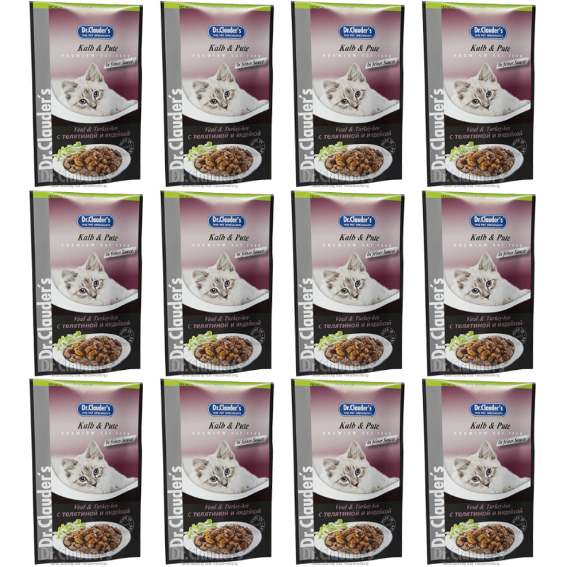 DR. CLAUDER'S, Vitel si Curcan, Set Plicuri Hrana Umeda Pisici, 12x100g