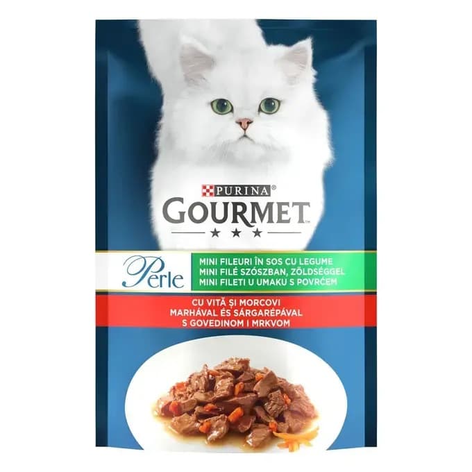 PURINA Gourmet Perle, Mini Fileuri Carne de Vita si Morcovi in Sos, Plic Hrana Umeda Pentru Pisici Adulte, 85g