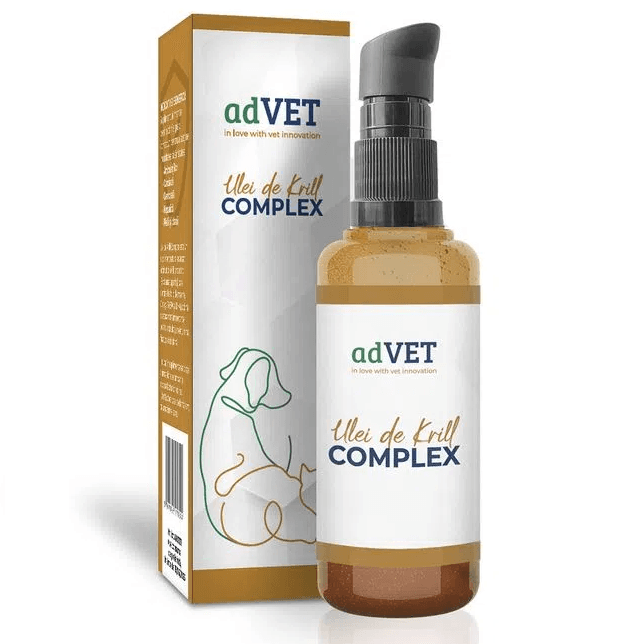 AdVET COMPLEX Ulei de Krill, Supliment Alimentar, Bogat in Acizi Grasi Esentiali Omega 3, Pentru Caini si Pisici, 50ml