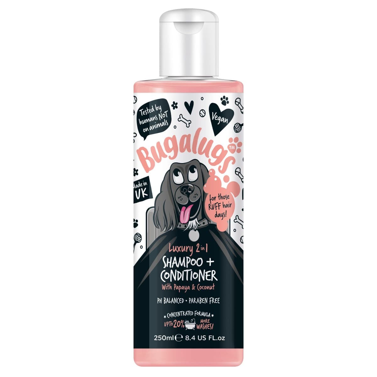BUGALUGS Luxury 2 in 1, Sampon si Balsam Vegan Pentru Caini, cu Papaya si Cocos, Pentru Orice Tip de Blana, 250ml