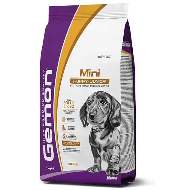 GEMON Mini Puppy & Junior, cu Pui si Orez – Hrană Uscată pentru Căței de Talie Mică, 3 kg