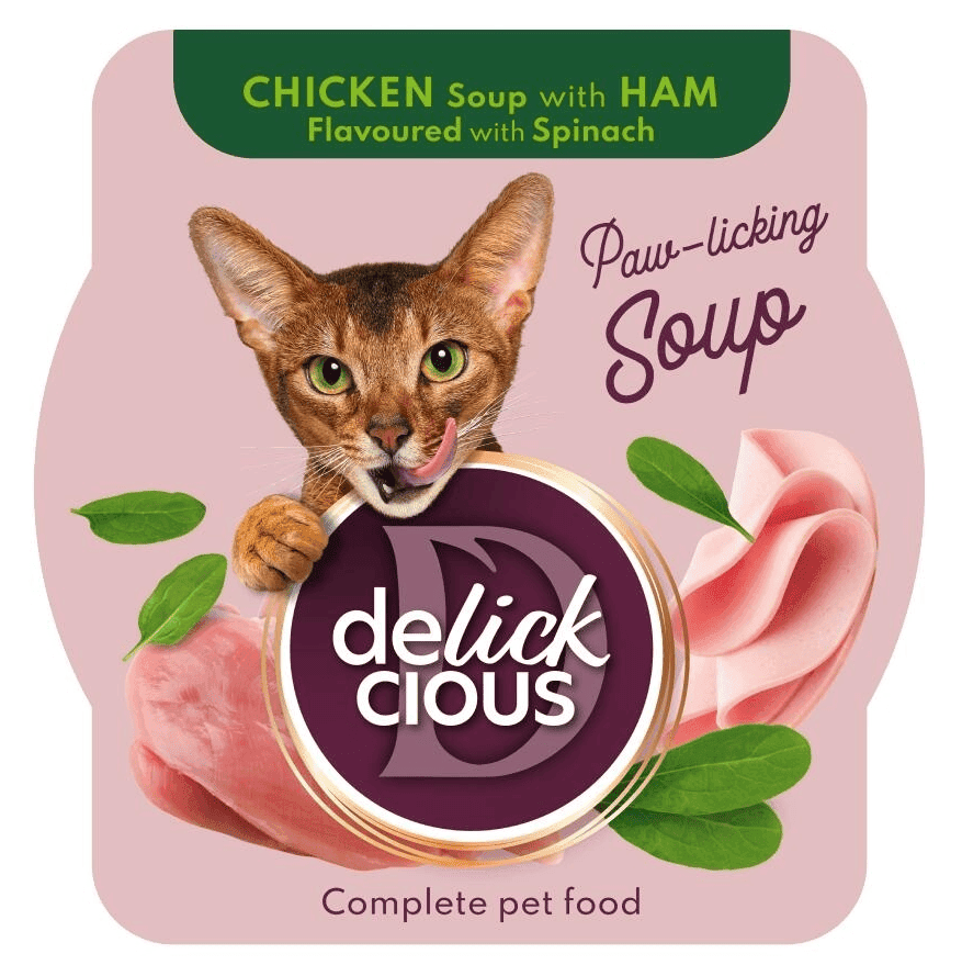 DELICKCIOUS Cat Supă de Pui cu Șuncă și Spanac 80 g