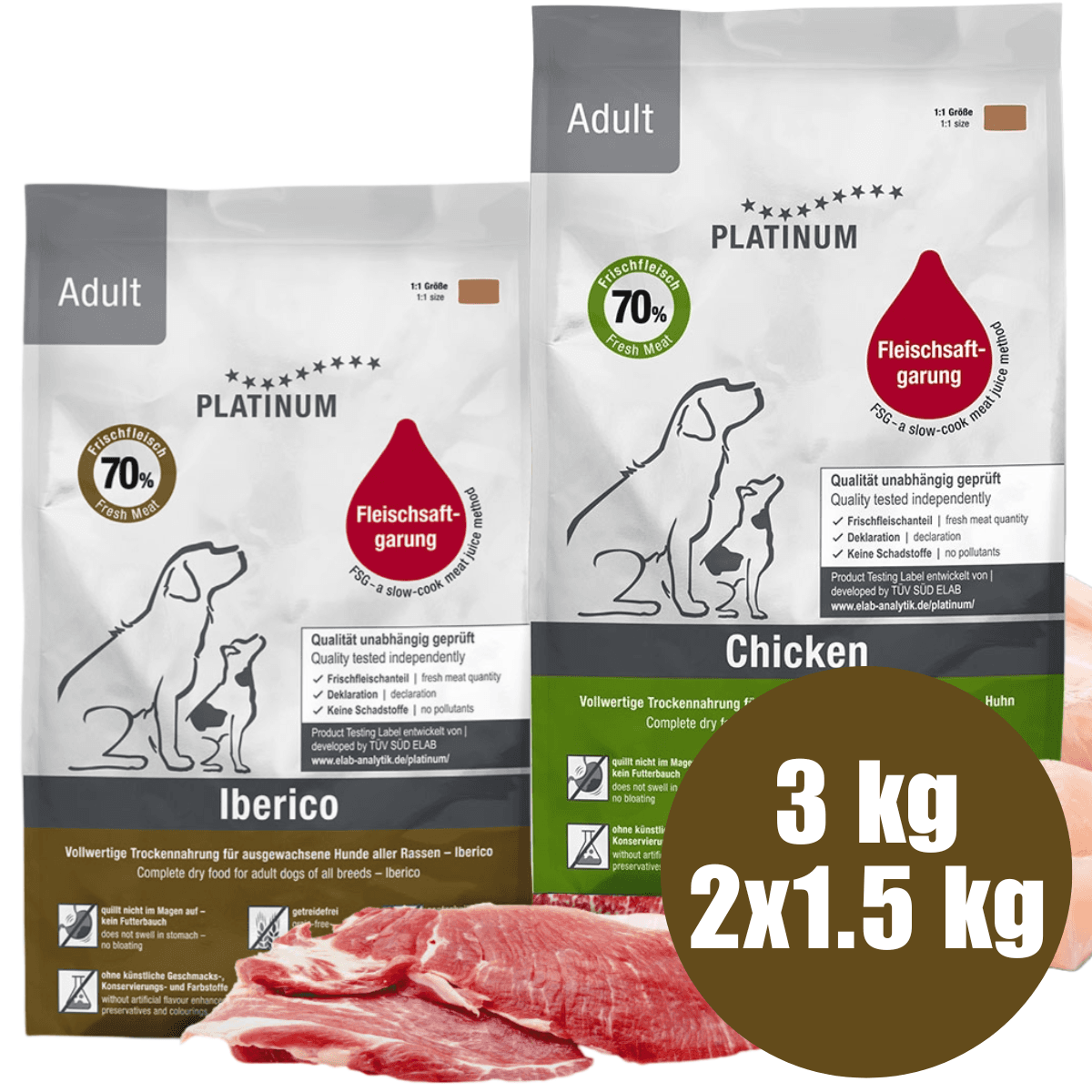 PLATINUM Natural Pet Food & Care Adult Duo Mix, Pui si Porc Iberic, Hrana Uscata Pentru Caini 3kg (1.5kg Pui si Orez