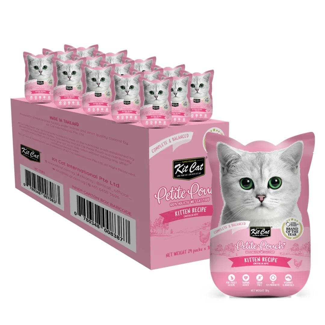 KIT CAT Petit Pouch Kitten, Bax Plicuri Hrana Umeda Pentru Pui de Pisica, Pui in Aspic, 24x70g