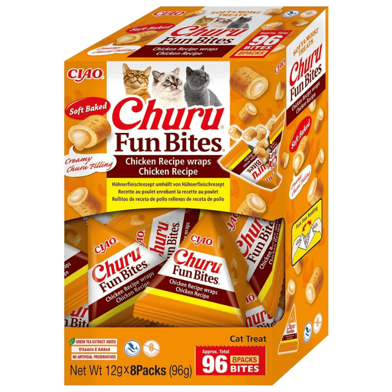 INABA Churu Fun Bites Chicken Recipe 8x12 g | Recompense pentru Pisici cu Pui | Exterior Fraged si Umplutura Cremoasa