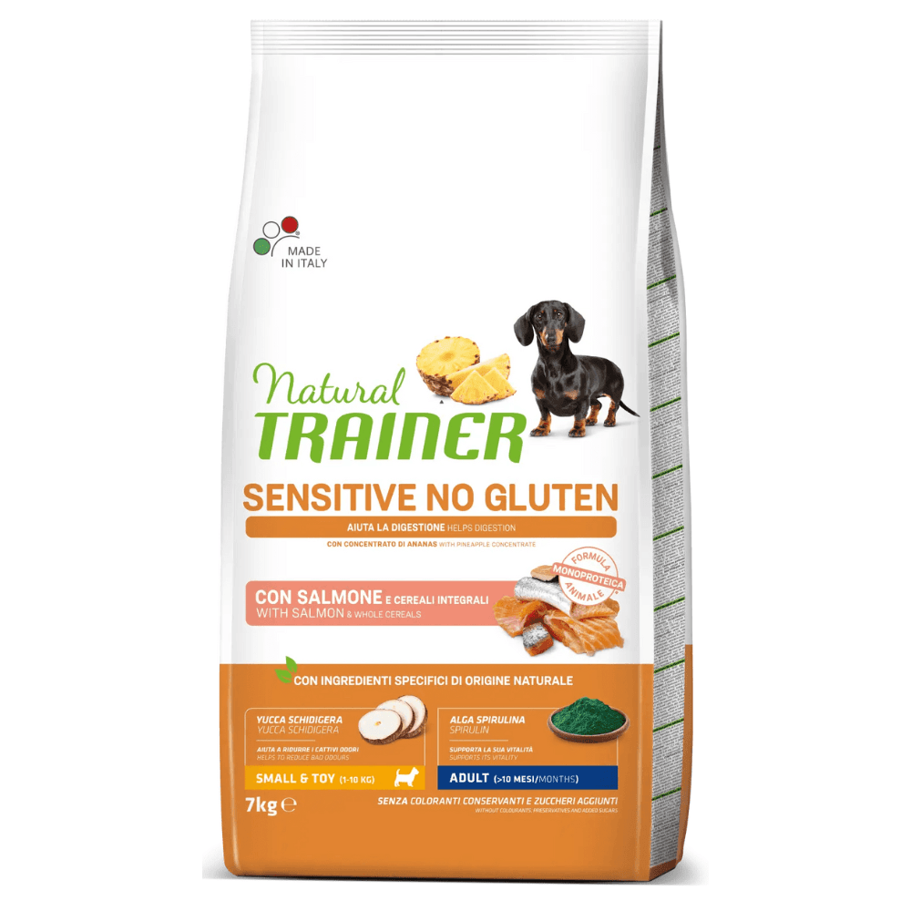 NATURAL TRAINER Dog Mini Adult Sensitive No Gluten cu Somon, Hrană Uscată Monoproteică pentru Câini de Talie Mică, 7kg