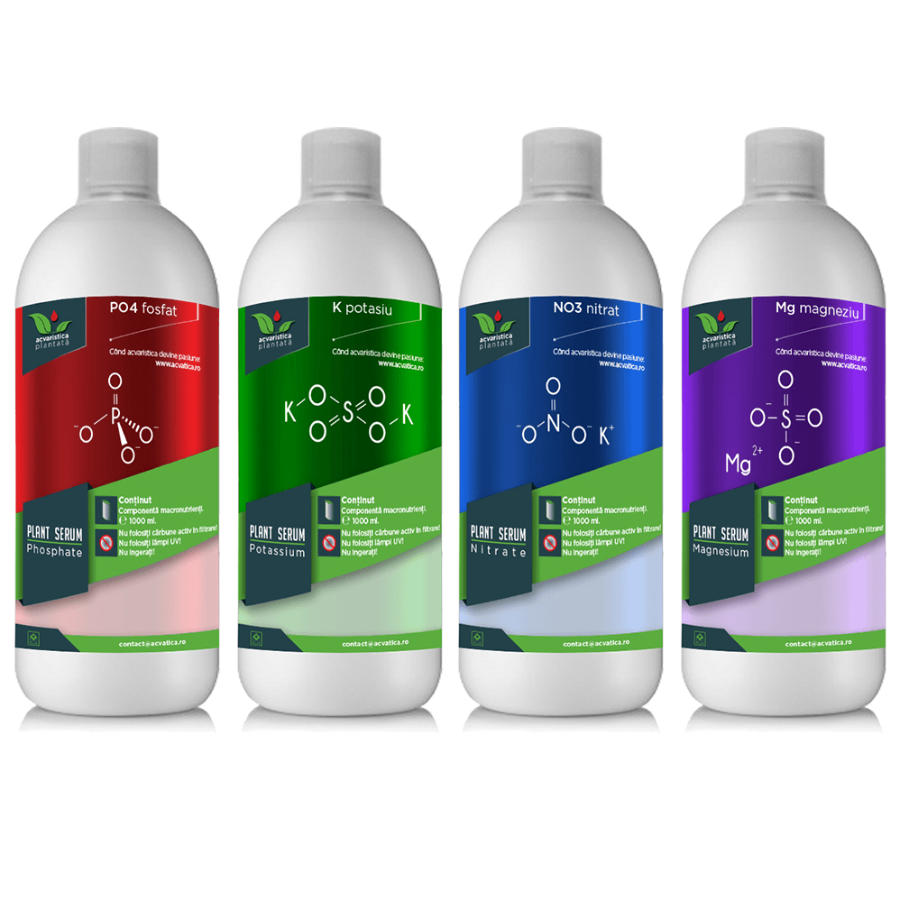Fosfor, Magneziu, Nitrat și Potasiu PLANT SERUM – Pachet Macronutrienți pentru Fertilizarea Plantelor de Acvariu 4x1000ml