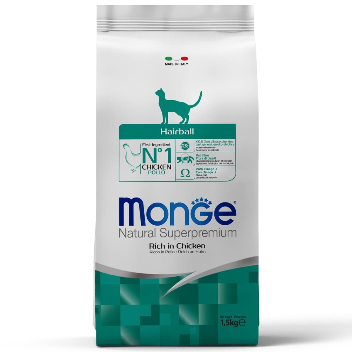 MONGE Natural Superpremium Cat Adult Hairball, cu Pui, Hrana Uscata Pentru Pisici Adulte, Limitarea Ghemelor de Par, 1.5kg