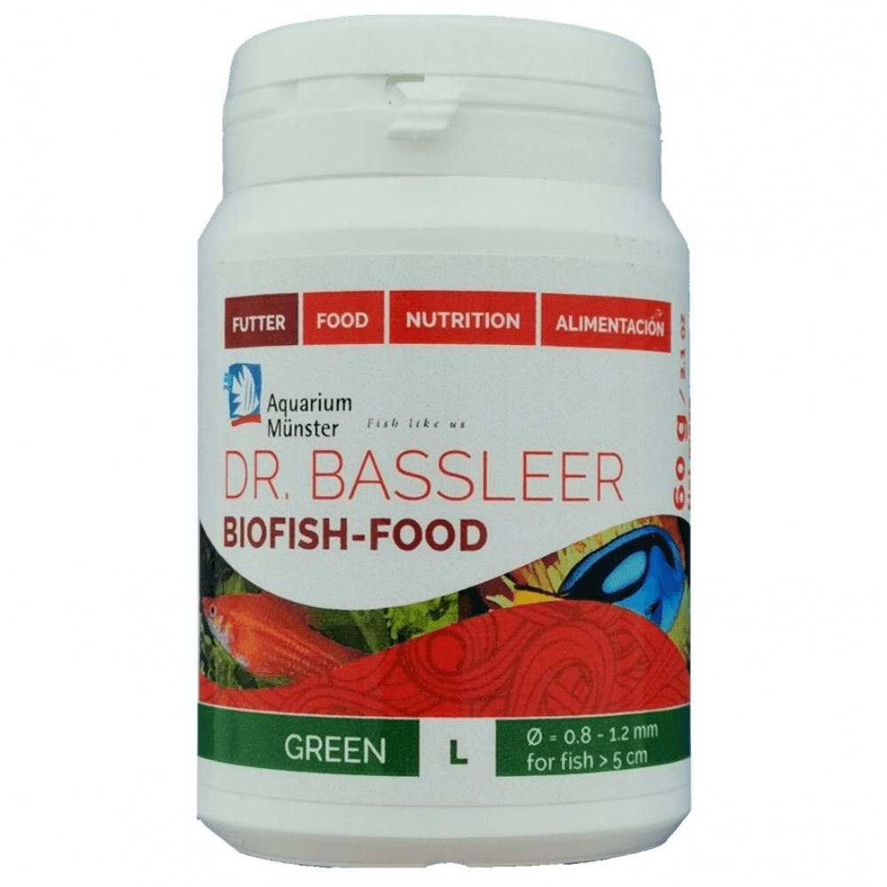 Aquarium Munster DR. BASSLEER Biofish Food Green L, 60 g – Hrană Premium pentru Creștere Sănătoasă și Colorit Natural la Peștii Erbivori de Acvariu