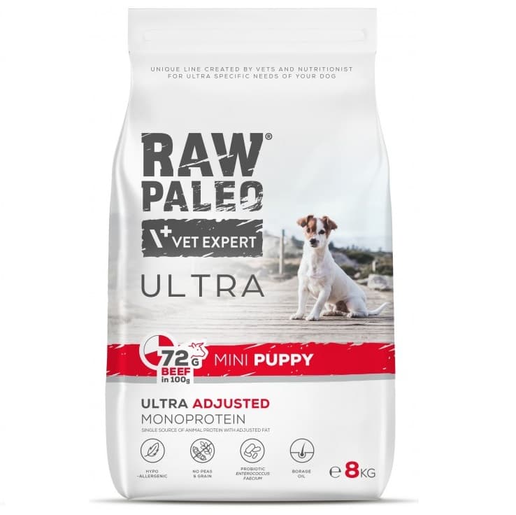 RAW PALEO ULTRA Puppy Mini, cu Vita, Hrana Uscata Monoproteica, Fara Cereale, Pentru Catei Juniori Talie Mica 8kg